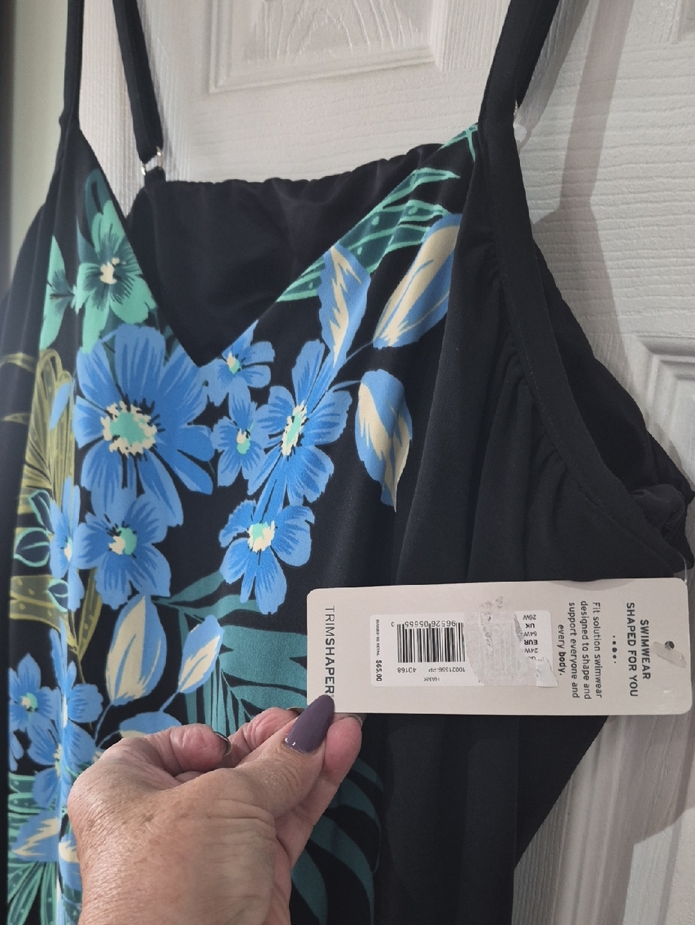 Black Floral V-Neck Bathing Suit Top with Blue & Teal Flowers